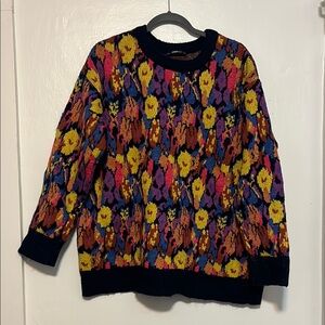 Zara Red and Yellow Crew Neck Sweater with Floral Design